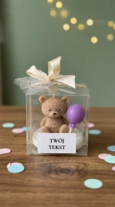 Podziękowania dla gości - duży miś brązowy z fioletowym balonem w pudełku