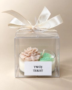 Podziękowania - Tealight plastikowy z listkiem - kwiaty beżowe