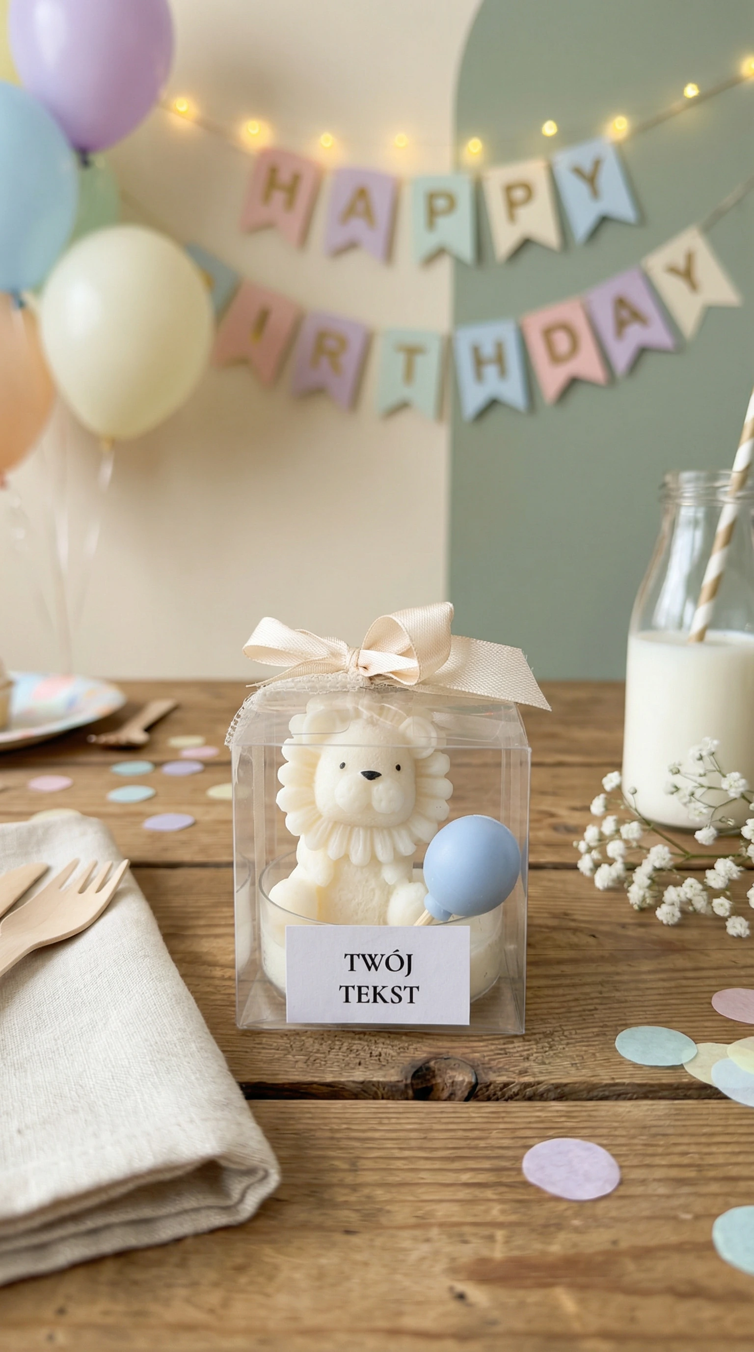 Podziękowanie dla gości – lew biały w pudełku z beżową wstążką