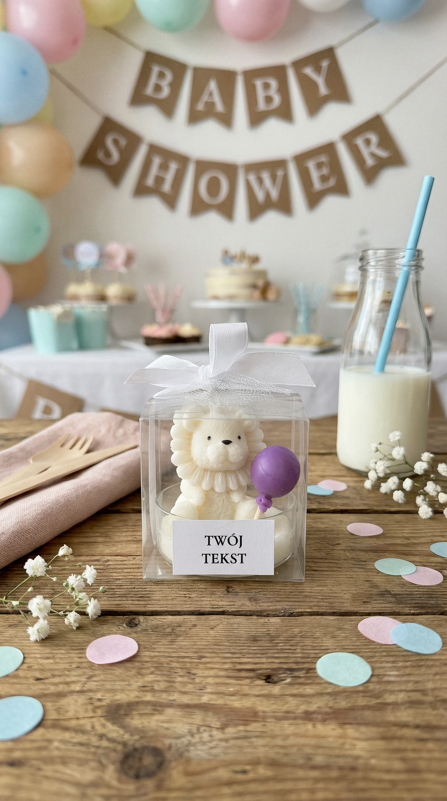 Podziękowanie dla gości – lew biały w pudełku z biala wstążką