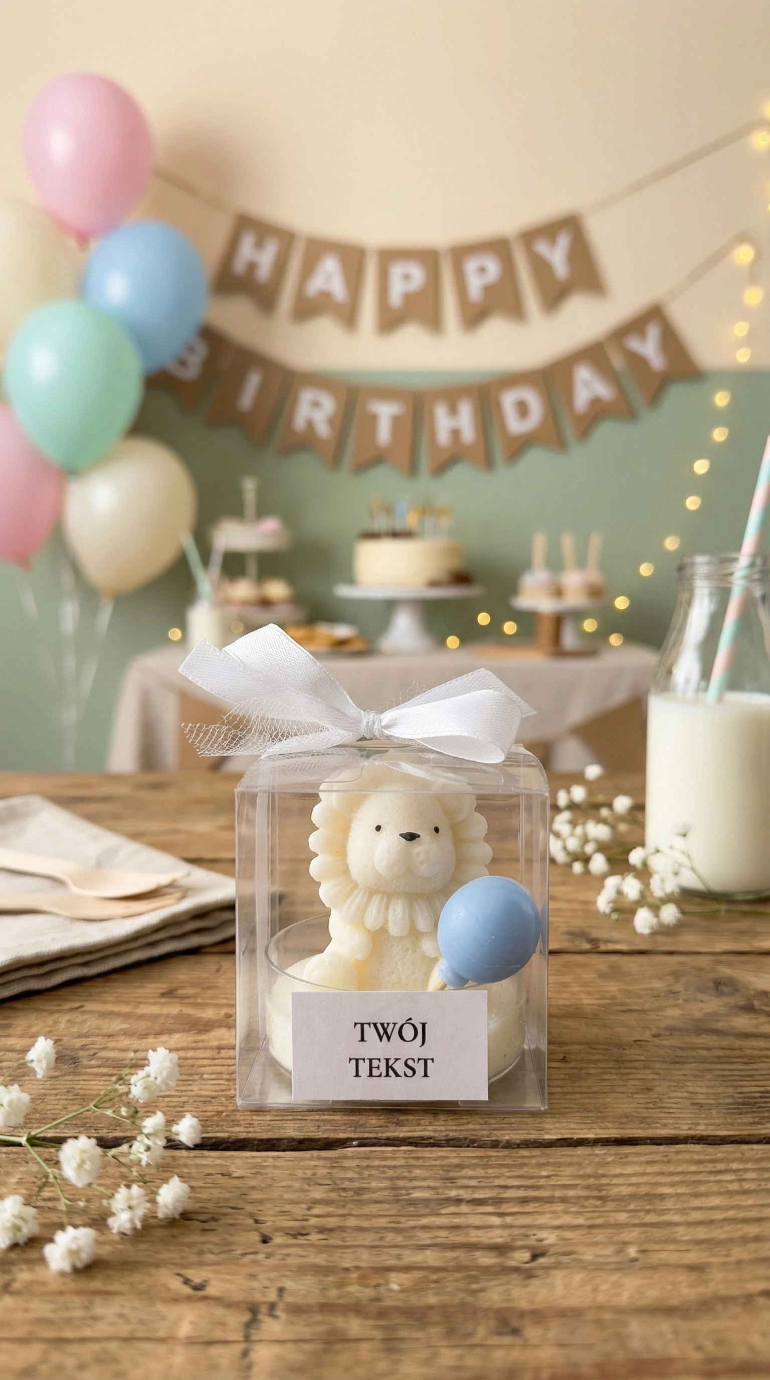 Podziękowanie dla gości – lew biały w pudełku z białą wstążką