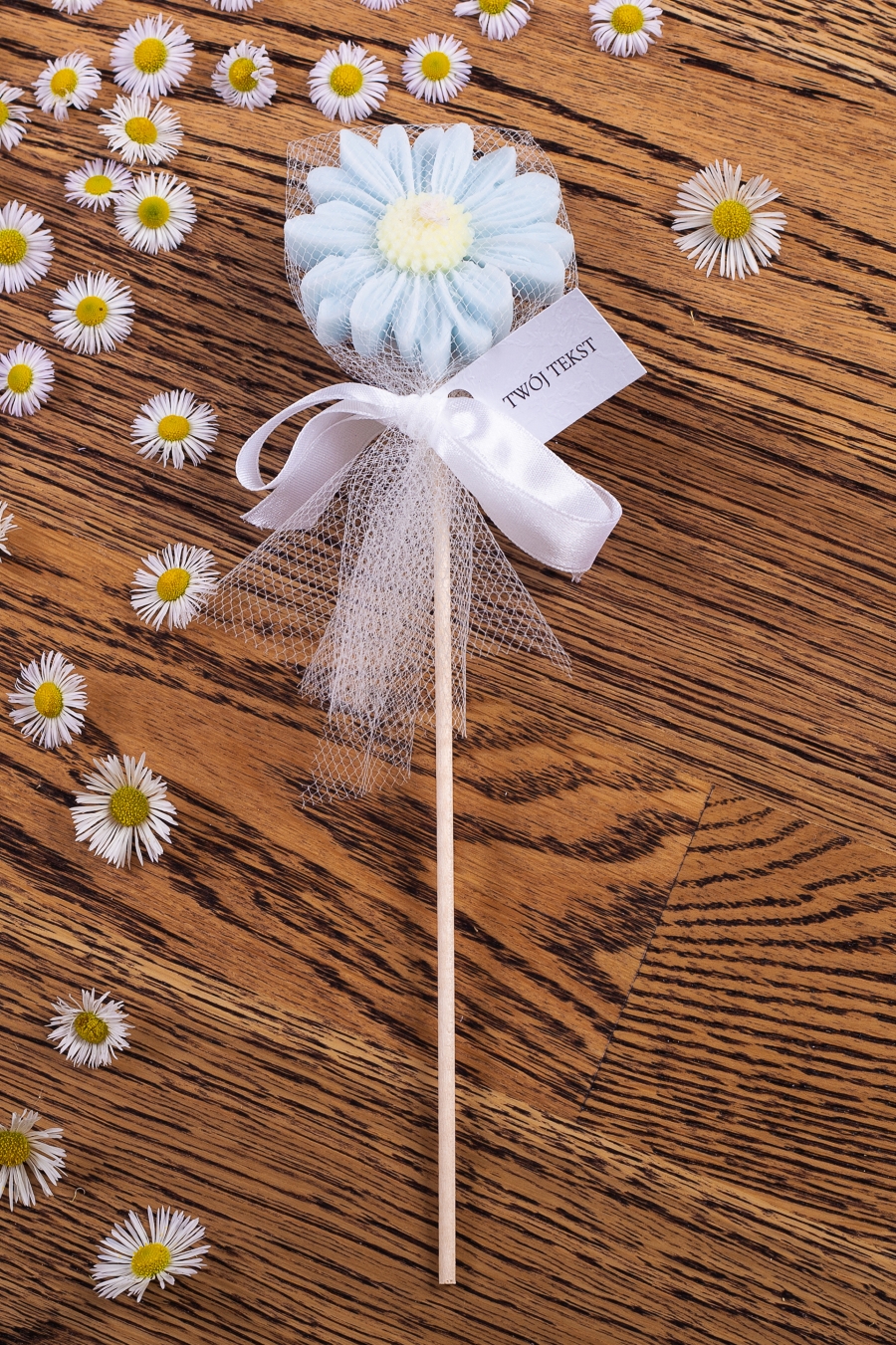 Stokrotka błękitna w tiulu, wstążka biała – WS10252