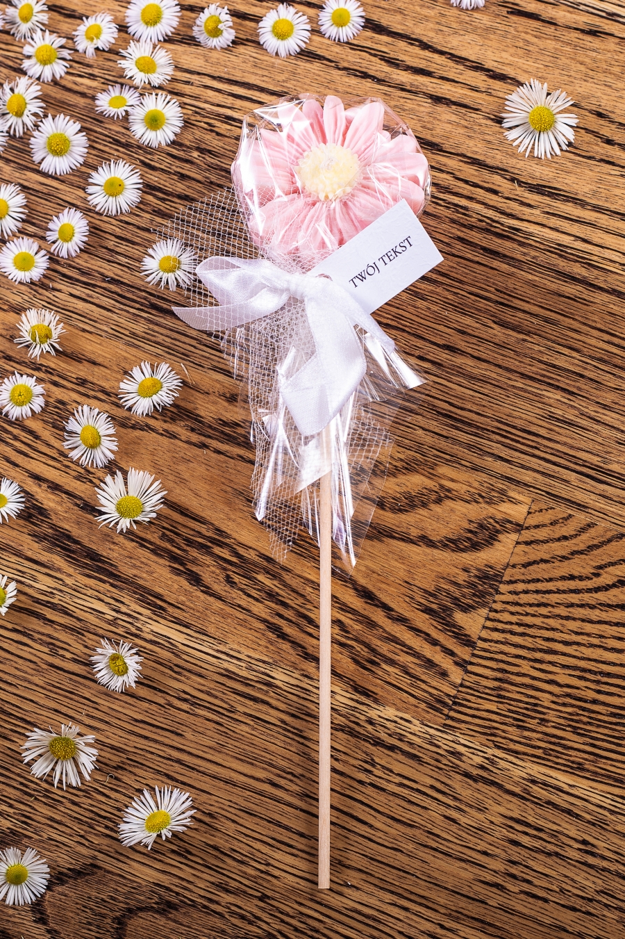 Stokrotka różowa w celofanie, wstążka biała – WS10256 podziękowania dla gości