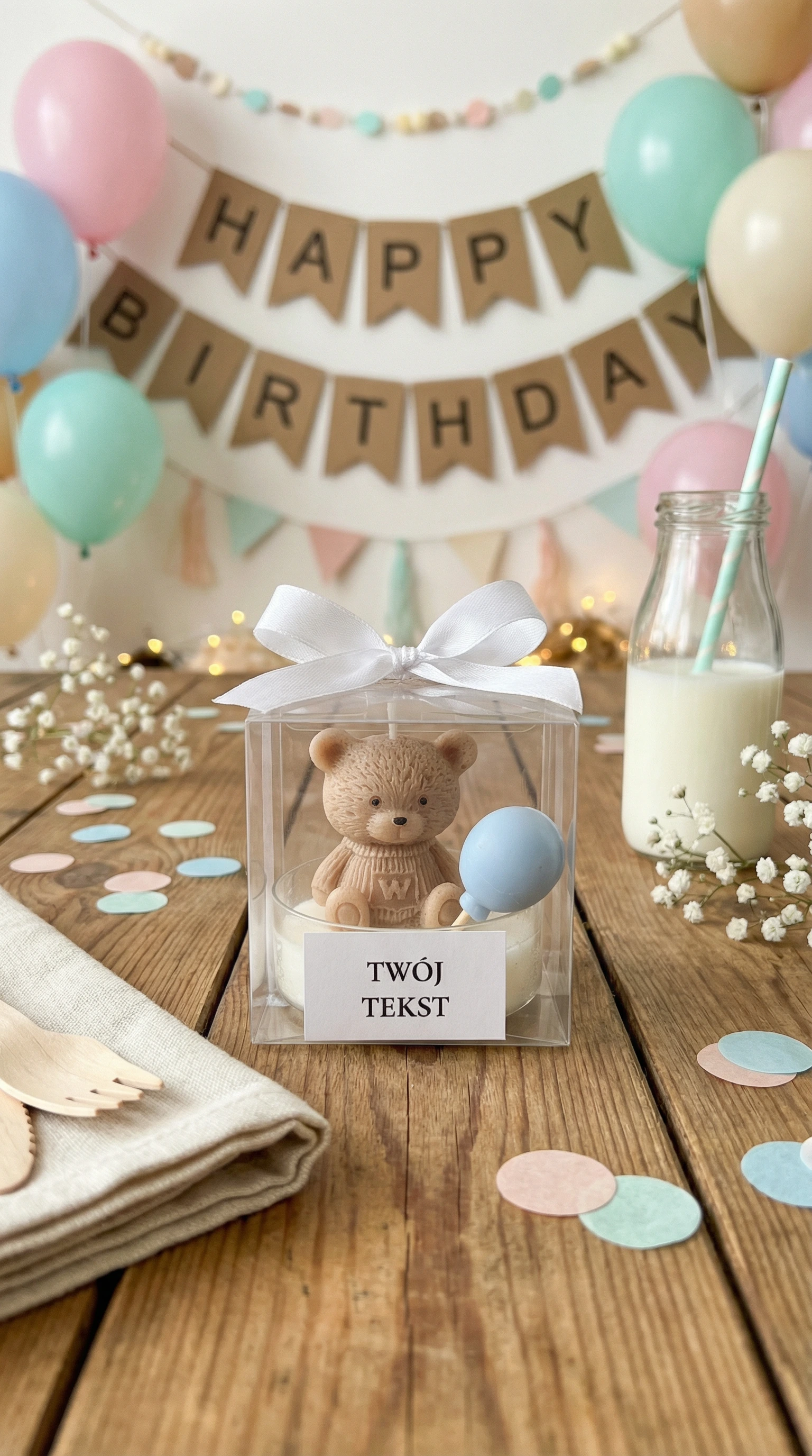 Podziękowanie dla gości – miś brązowy w pudełku z białą wstążką