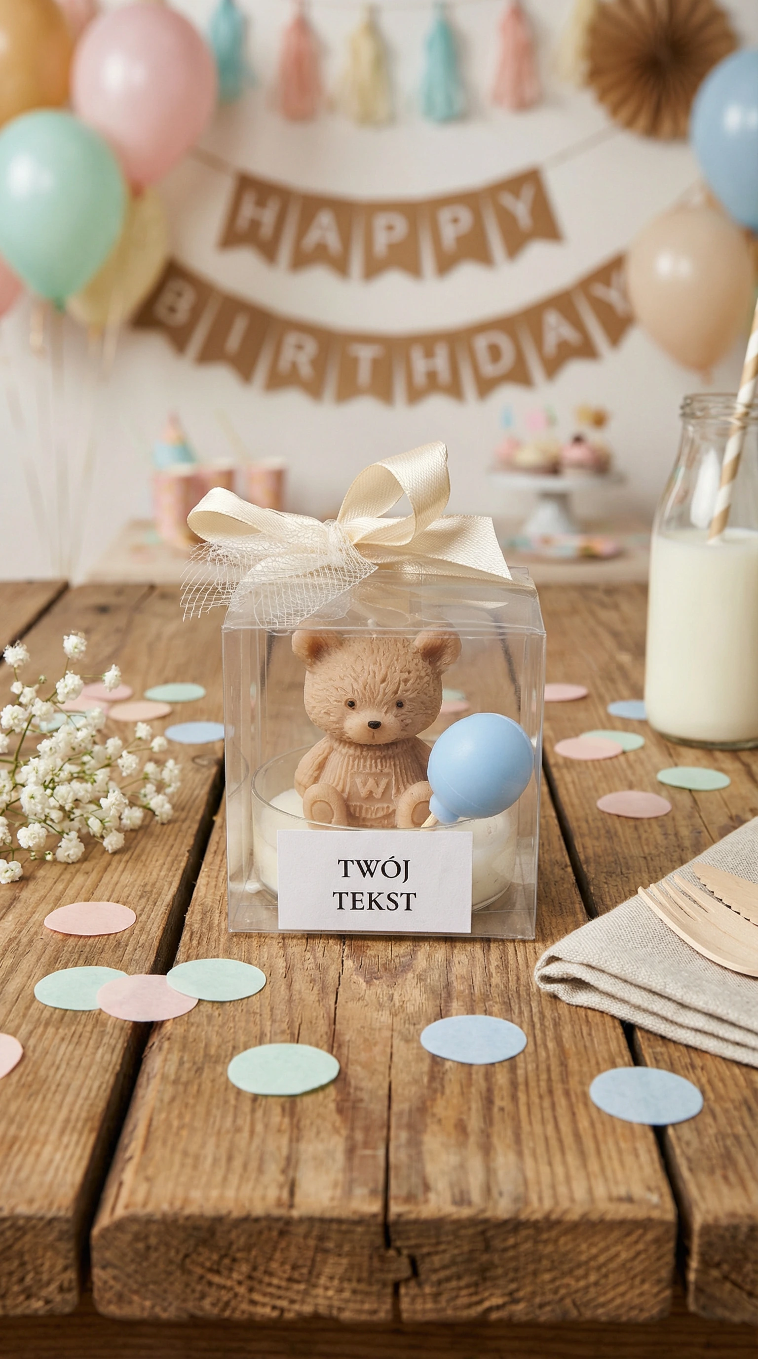 Podziękowanie dla gości – miś brązowy  w pudełku z beżową wstążką