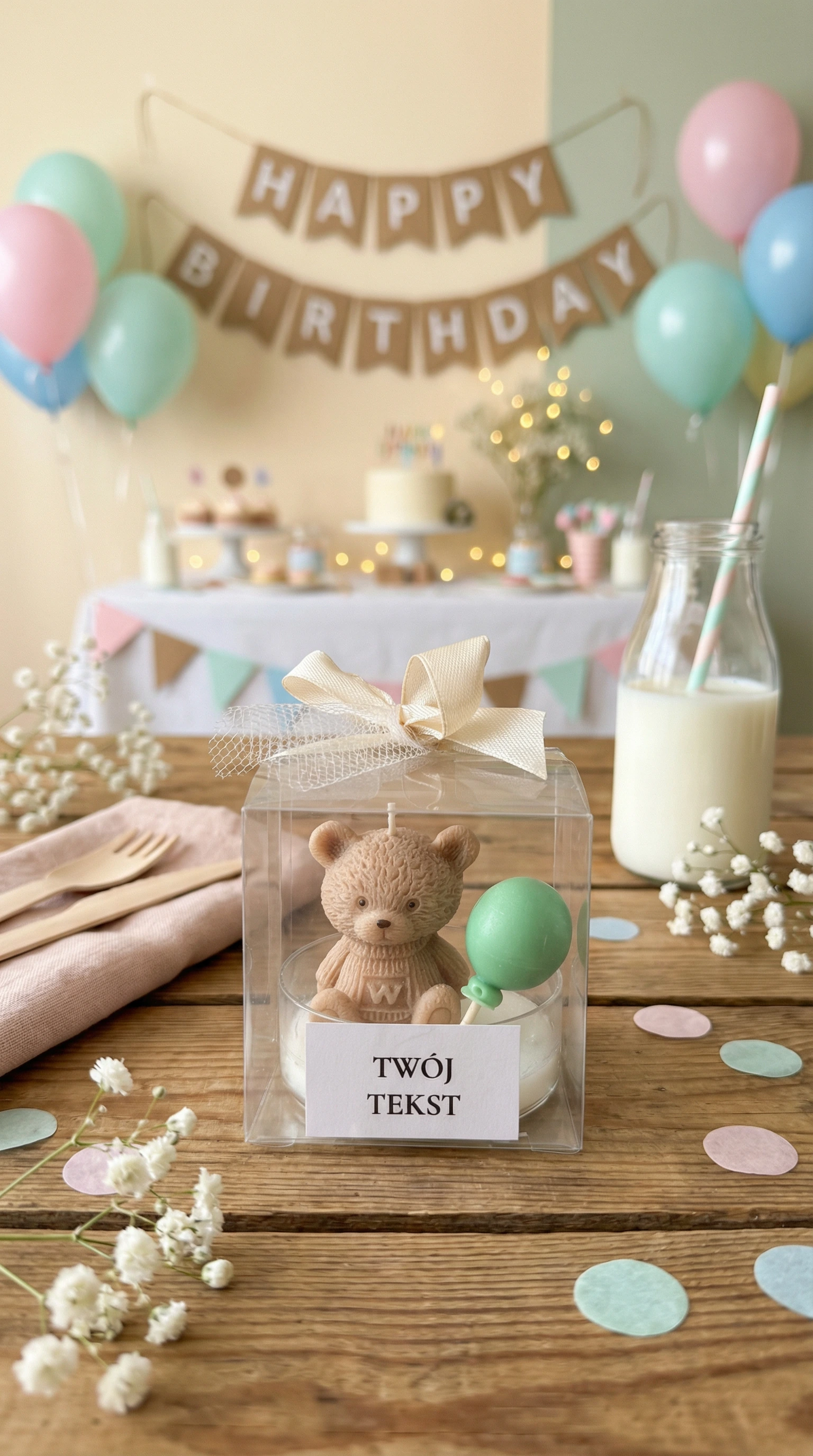 Podziękowania dla gości świeca z beżową wstążką